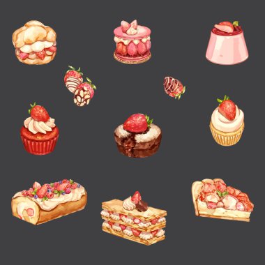 Çilek kullanan çeşitli tatlılarla suluboya biçim vektör illüstrasyonu