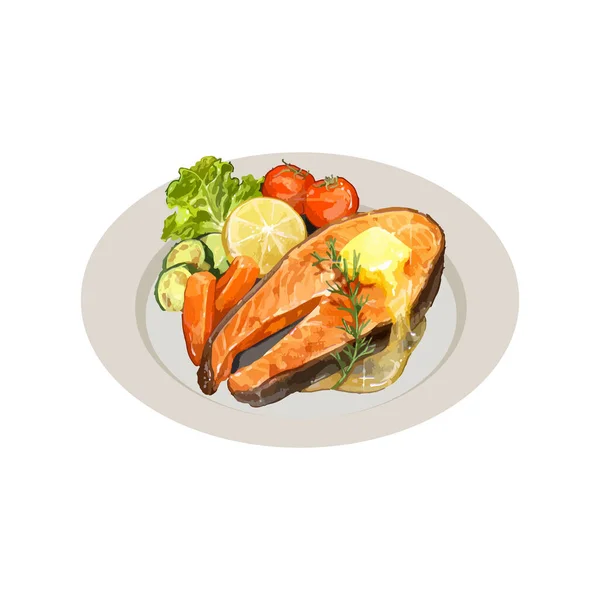 Delicious Grilled Salmon Fish Fillet Lemon Rosemary Spicies Vegetables Plate — Stock Vector