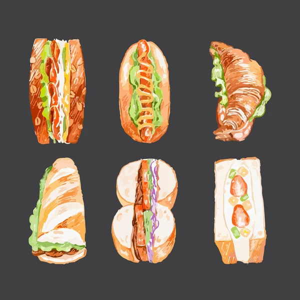 Set Watercolor Sweet Savory Toast Sandwich Vector Illustration — Stock Vector