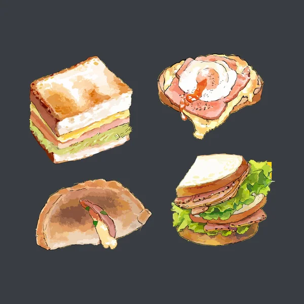 Set Aquarell Bohnenkraut Toast Sandwich Handgezeichnete Vektorillustration — Stockvektor