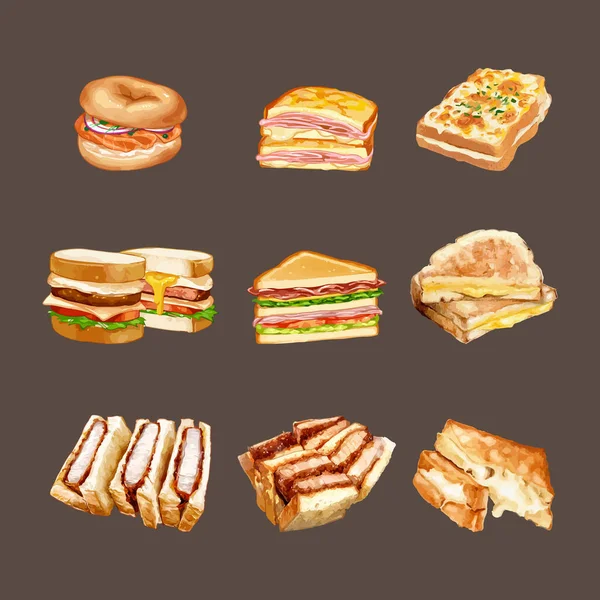 Set Watercolor Savory Toast Sandwich Watercolor Vector Illustration — Stock Vector