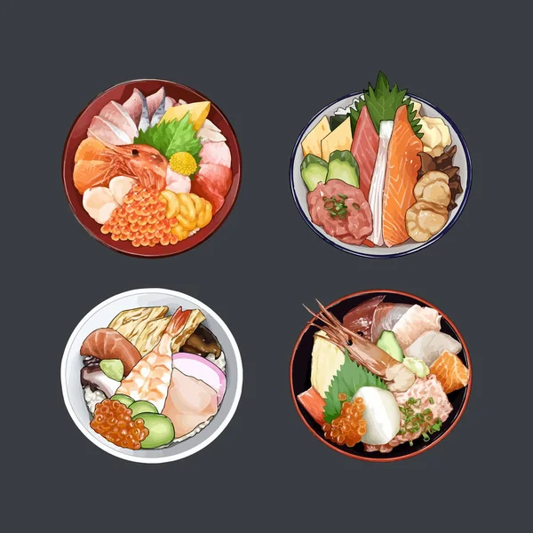 Sashimi Raw Fish Seafood Rice Bowl Japanese Food Hand Drawn — Stock Vector