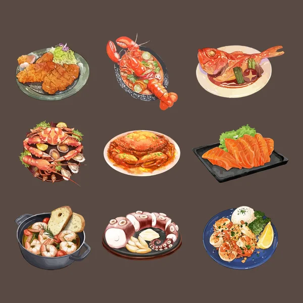 Conjunto Watercolor Seafood Menu Vector Ilustração Refeição Tradicional Japonesa — Vetor de Stock