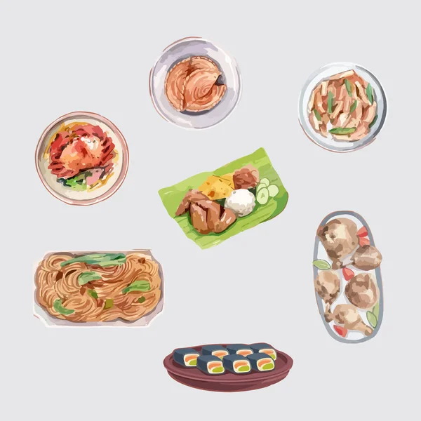 シンガポールの伝統料理ベクトル水彩イラスト — ストックベクタ