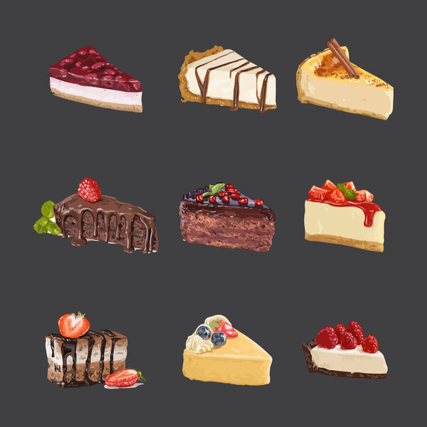 Sweet cakes slices pieces. Hand drawn watercolor vector illustration