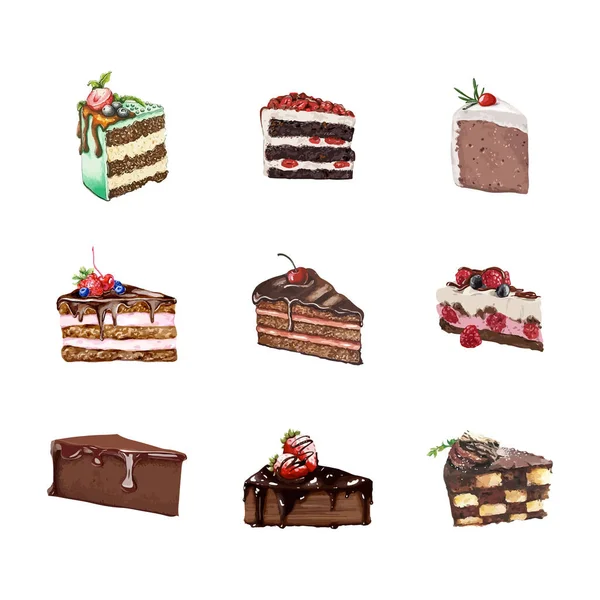 Γλυκά Κέικ Φέτες Κομμάτια Χειροποίητη Εικονογράφηση Φορέα Ακουαρέλας — Διανυσματικό Αρχείο