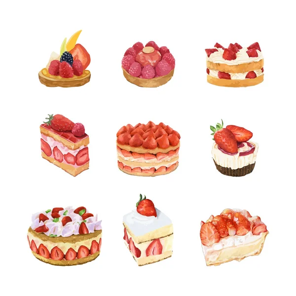 Υδατογραφία Στυλ Διανυσματική Απεικόνιση Διάφορα Γλυκά Χρησιμοποιώντας Φράουλες — Διανυσματικό Αρχείο
