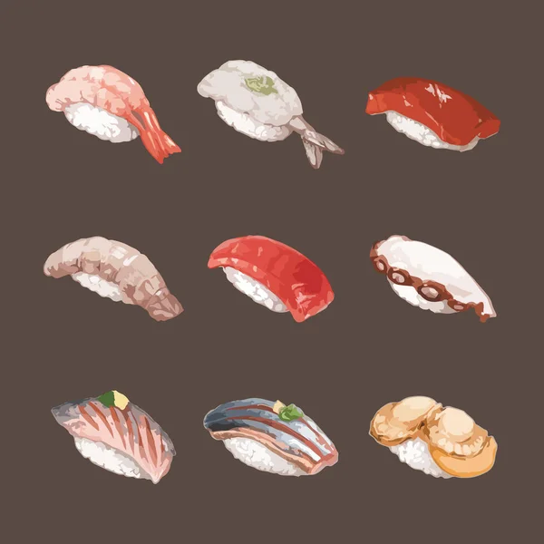 Set Von Aquarell Sushi Vektorillustration — Stockvektor