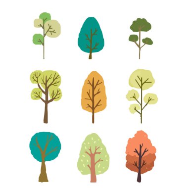 Ağaç koleksiyonu. El çizimi vektör illüstrasyonu