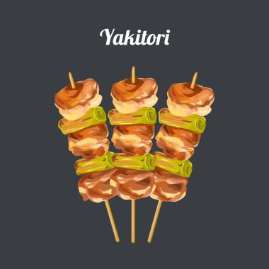 Yakitori: Japon tipi şiş tavuk. Izgara tavuk. Vektör illüstrasyonu