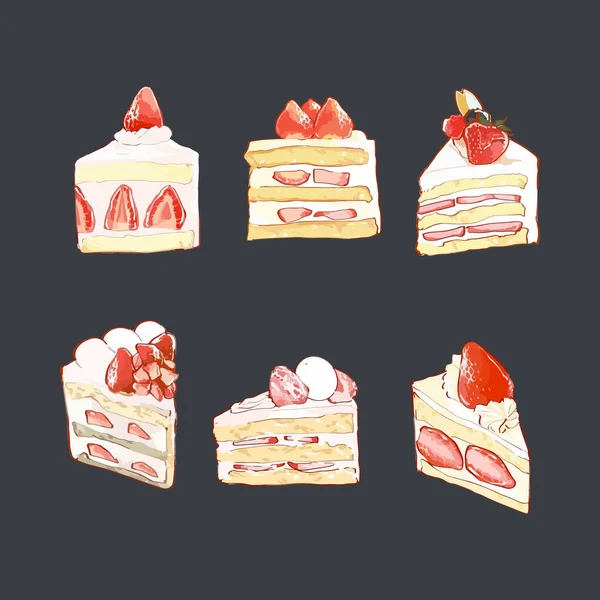 草莓蛋糕片准备好了 手绘水彩画矢量图 — 图库矢量图片