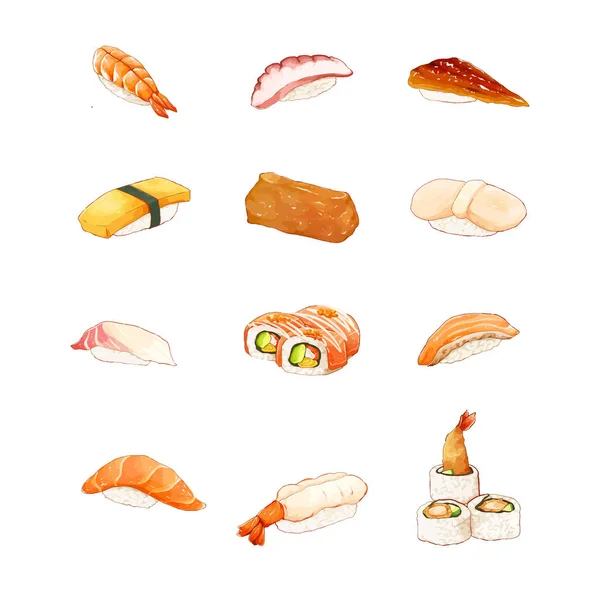 Set Watercolor Sushi Vector Illustration — Stock Vector