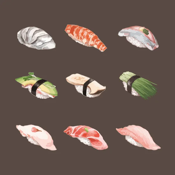 Σύνολο Υδατογραφίας Sushi Διανυσματικής Εικονογράφησης — Διανυσματικό Αρχείο