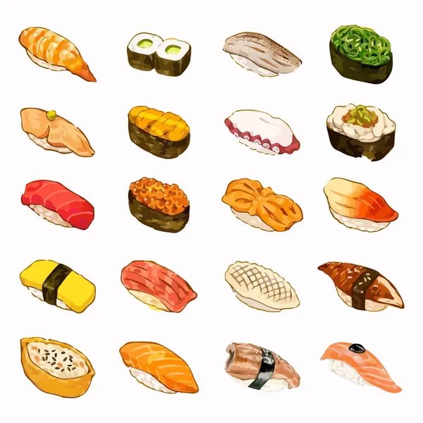 Set Watercolor Sushi Vector Illustration - Stok Vektor