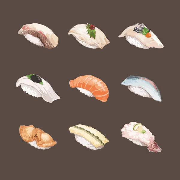 Conjunto Watercolor Sushi Vector Ilustração — Vetor de Stock