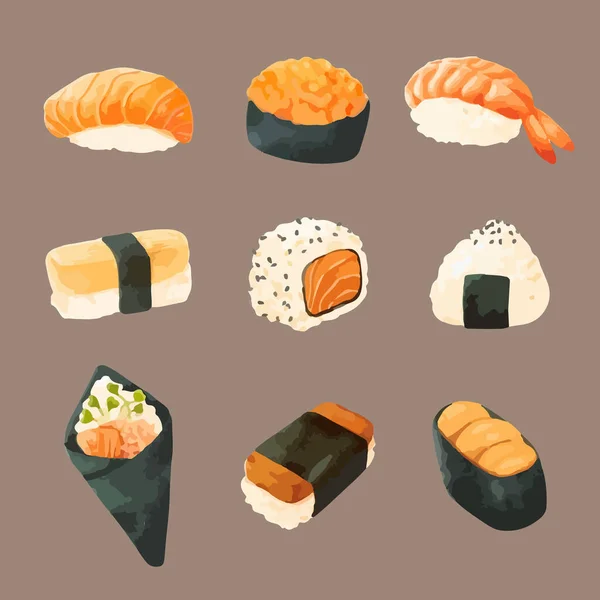 Uppsättning Akvarell Sushi Vektor Illustration — Stock vektor