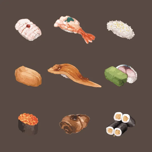 Conjunto Watercolor Sushi Vector Ilustração — Vetor de Stock