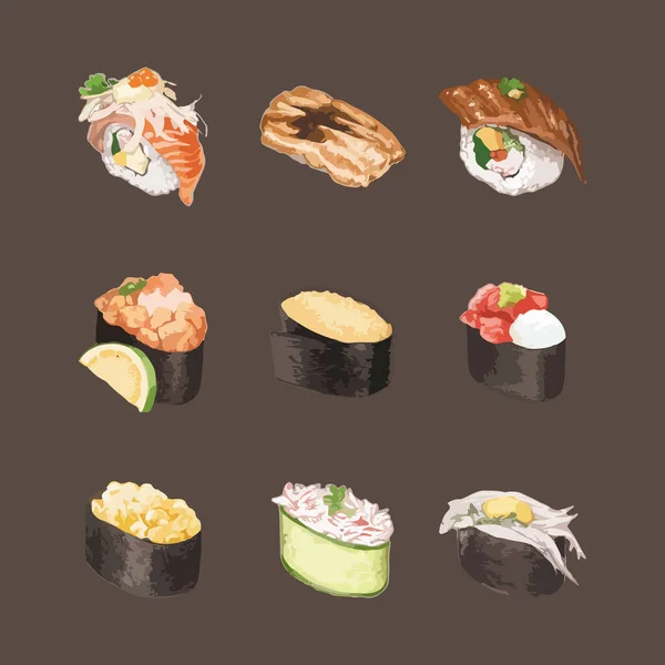 Set Watercolor Sushi Vector Illustration - Stok Vektor