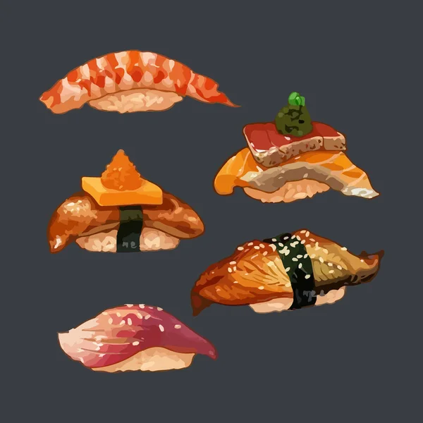 Sada Ručně Kreslených Vektorových Ilustrací Akvarelu Sushi — Stockový vektor