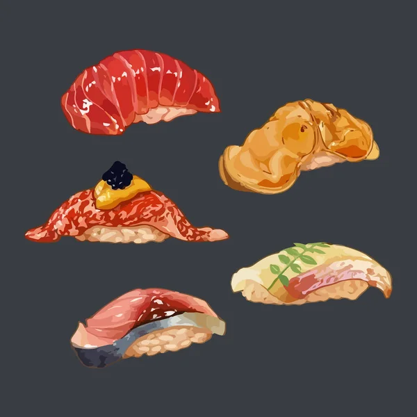 Zestaw Akwareli Sushi Ręcznie Rysowane Wektor Ilustracji — Wektor stockowy