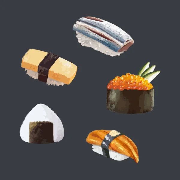 Sushi Dan Onigiri Makanan Jepang Ilustrasi Gambar Tangan Berwarna Air - Stok Vektor