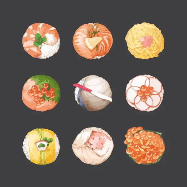 Conjunto Bola Forma Sushi Temarizushi Comida Japonesa Vista Superior Ilustração — Vetor de Stock