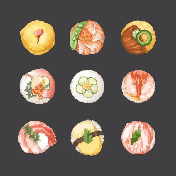 Set Von Kugelförmigem Sushi Temarizushi Japanisches Essen Ansicht Von Oben — Stockvektor