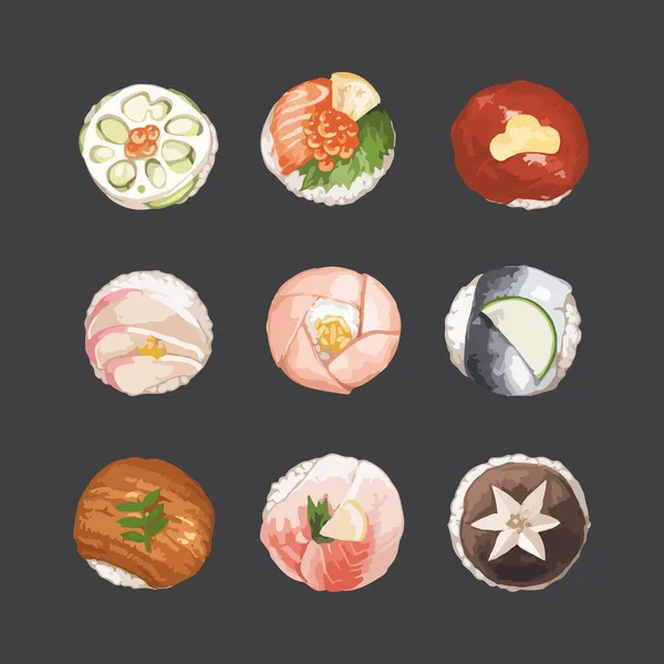 Set Ball Berbentuk Sushi Temarizushi Makanan Jepang Pemandangan Bagus Ilustrasi - Stok Vektor