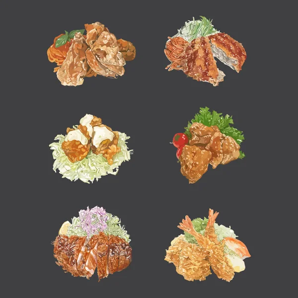 Σετ Τεμπούρα Ιαπωνικό Φαγητό Εικονογράφηση Διάνυσμα Ακουαρέλα — Διανυσματικό Αρχείο