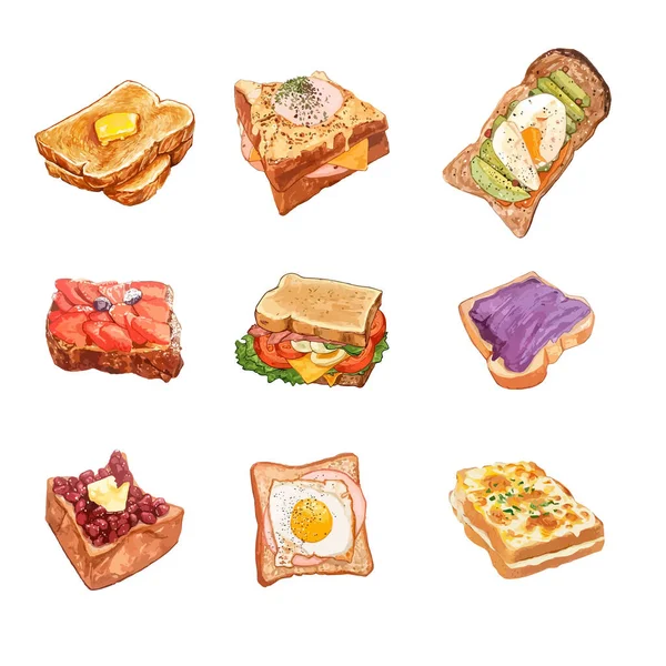 Set Mit Süßen Und Herzhaften Toast Sandwich Vektorillustrationen — Stockvektor