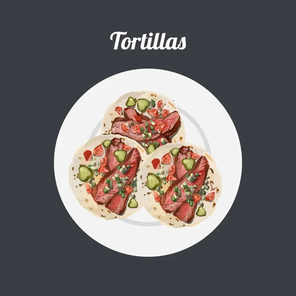 Παραδοσιακή Μεξικανική Tortila Wrap Βόειο Κρέας Και Λαχανικά Χειροποίητη Εικονογράφηση — Διανυσματικό Αρχείο