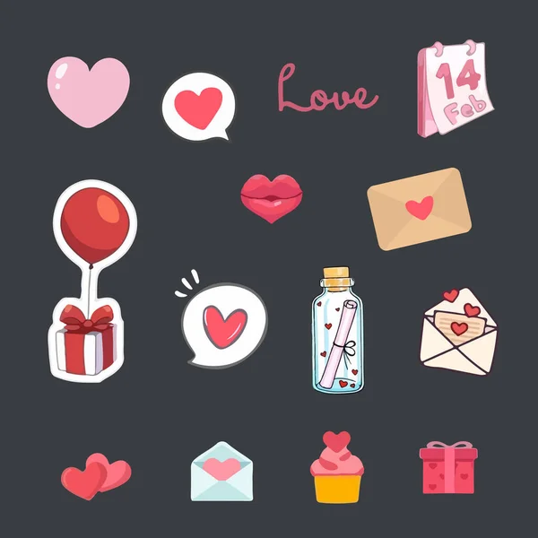 Elementos Del Día San Valentín Diferentes Objetos Románticos Set Doodle — Vector de stock