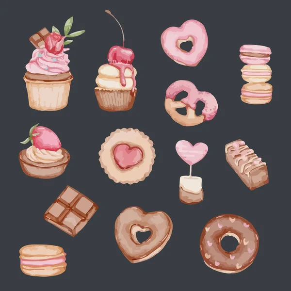 水彩バレンタインデーのお菓子セット カップケーキ ケーキポップ ピンクのお菓子 ハートクッキー ブラウニー — ストックベクタ