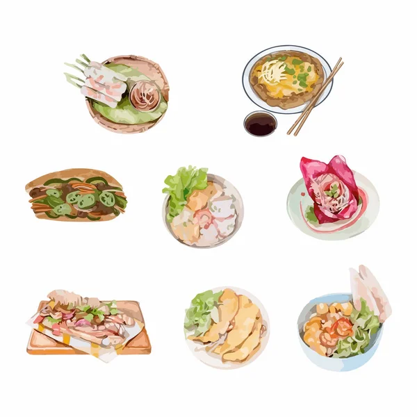 Cuisine Vietnamienne Plats Aquarelle Vecteur Illustration Ensemble — Image vectorielle