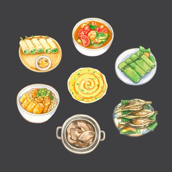 Wietnamska Kuchnia Potrawy Akwarela Wektor Ilustracja Zestaw — Wektor stockowy