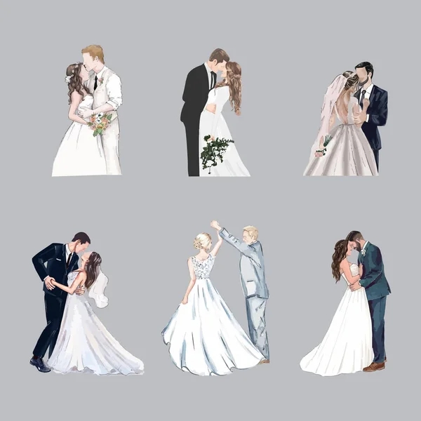 手描きの花嫁と新郎の水彩ベクトルイラストのセット — ストックベクタ