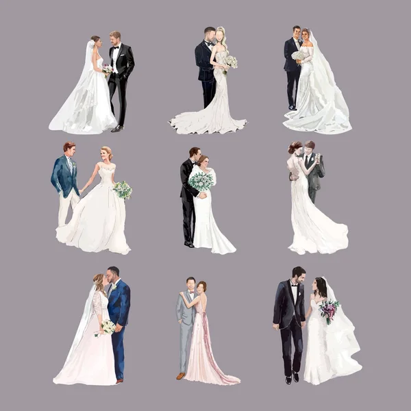 Set Von Handgezeichneten Braut Und Bräutigam Aquarell Vektorillustration — Stockvektor