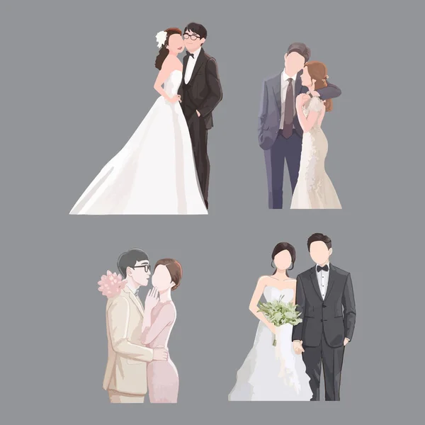 Set Disegno Mano Sposa Sposo Acquerello Vettoriale Illustrazione — Vettoriale Stock
