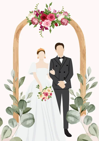 かわいいカップル花嫁と新郎の漫画のベクトルイラストと結婚式の招待カード — ストックベクタ