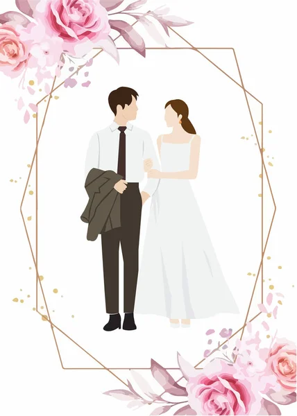 Hochzeitseinladungskarte Mit Niedlichem Paar Braut Und Bräutigam Cartoon Vektor Illustration — Stockvektor
