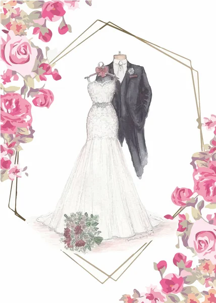 Kézzel Rajzolt Esküvői Ruha Akvarell Készlet Esküvői Elemek Esküvői Meghívó — Stock Vector