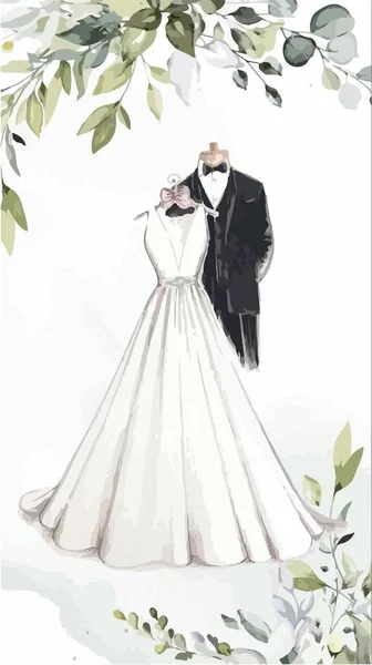 Ručně Kreslené Svatební Šaty Akvarelová Sada Svatebních Prvků Návrh Svatební — Stockový vektor