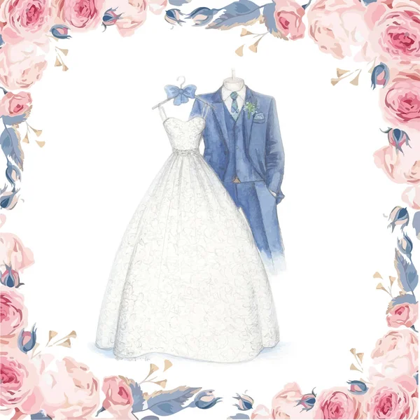 手描き結婚式の衣装 結婚式の要素の水彩セット 結婚式招待デザイン — ストックベクタ