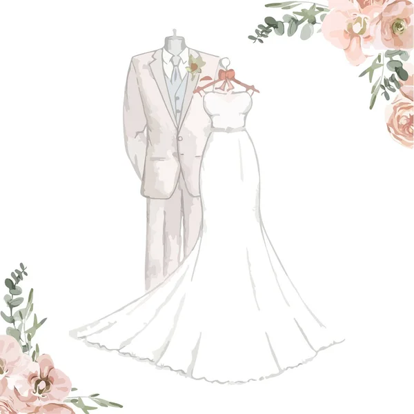 Ručně Kreslené Svatební Šaty Akvarelová Sada Svatebních Prvků Návrh Svatební — Stockový vektor
