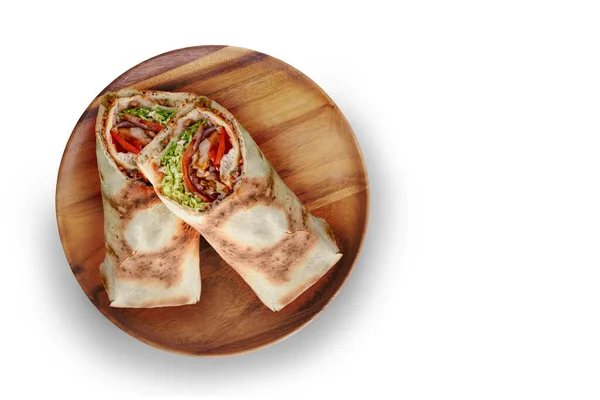 Burrito Shawarma Smörgås Gyro Färsk Lavaschrulle Doner Kebab Serveras Träplatta — Stockfoto