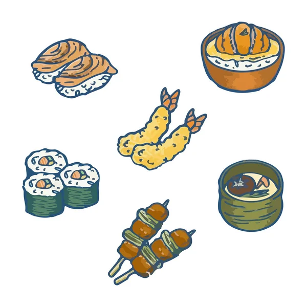 Conjunto Menus Japonês Ilustração Vetor Aquarela Desenhada Mão Aburi Donburi —  Vetores de Stock