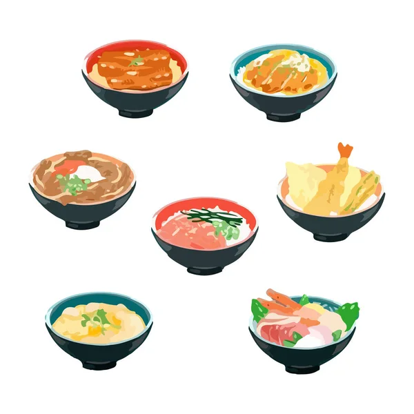 Donburi Japanese Rice Bowl Set Ilustração Vetor Aquarela Desenhada Mão — Vetor de Stock