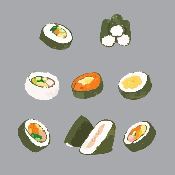 Kimbap Rýžová Rolka Mořských Řas Korejská Sushi Rolka Akvarel Ručně — Stockový vektor