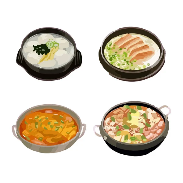 白を基調とした韓国のスープセットメニュー 手描き水彩ベクトルイラスト — ストックベクタ