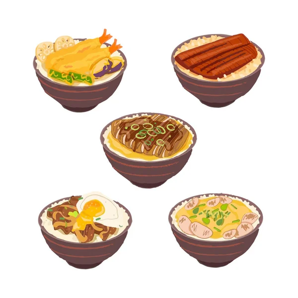 Set Japanese Rice Bowl Vector Illustration Unadon Gyudon Oyakudon Ten — Stock Vector